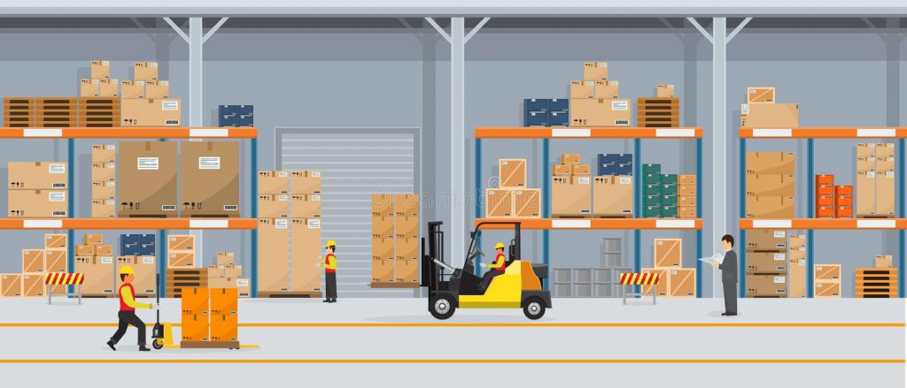 warehouse interior boxes rack people working flat solid color style logistic delivery service concept vector 124160778