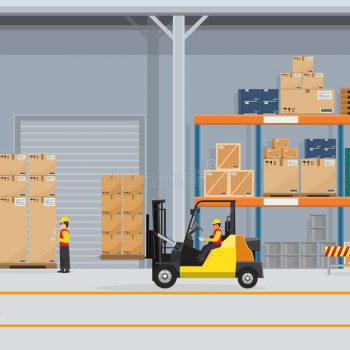 warehouse interior boxes rack people working flat solid color style logistic delivery service concept vector 124160778
