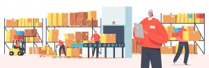 warehouse workers characters loading stacking goods use lifters forklift accounting packing cargo conveyor belt industrial logistics merchandising cartoon people vector illustration 87771 15357